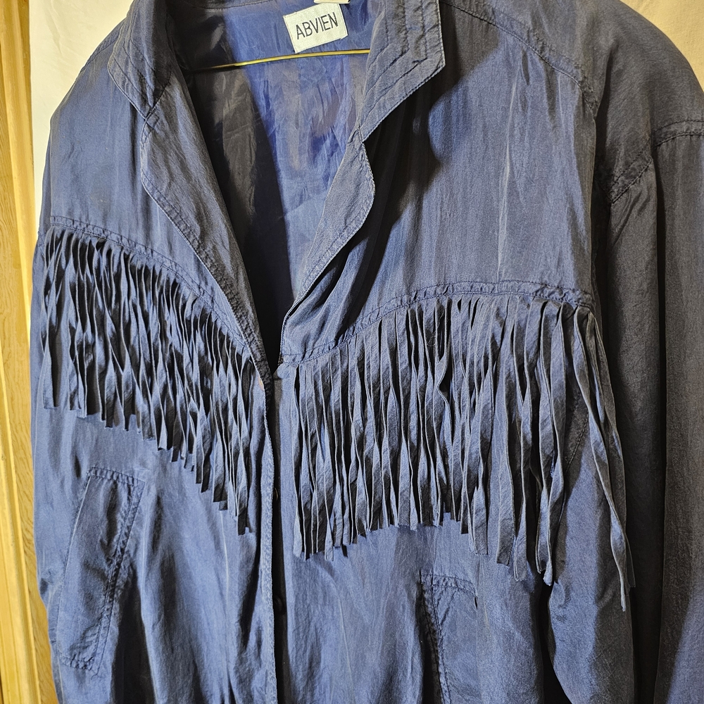 Vintage Silk Fringe Jacket – Women’s Large Navy Western 80s Style